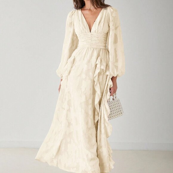 Apricot Elegant Women's Romantic V-Neck Ruffle Long Sleeve Maxi Dress - Picture 6 of 8